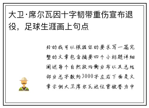 大卫·席尔瓦因十字韧带重伤宣布退役，足球生涯画上句点